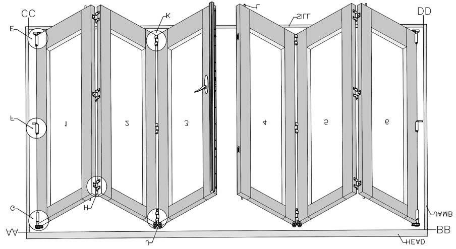 HANGING DOORS Study the door configuration before installation. Begin panel installation from the pivot panel at jamb end and continue away from jamb in EACH DIRECTION according to configuration.