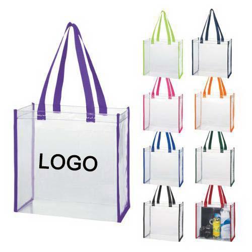 GROUP 1 (A-E): Item A: Clear Tote Bag 12 x 12 x 6 Description: Clear Stadium Tote Clear PVC (no specified PVC weight) tote bag with 22" handles. Spot clean/air dry. Clear Tote Size: 12 " x 12 " x 6 ".