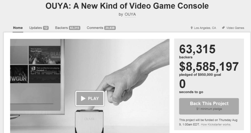 Why OUYA? OUYA was officially announced on July 10, 2012, on the Kickstarter web portal. The project began with a funding goal of 950,000 USD to develop the console prototype.