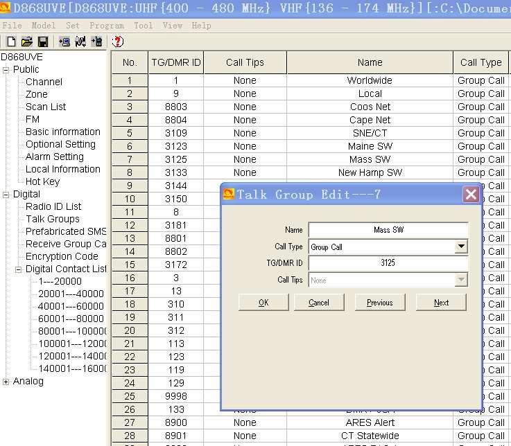 STEP 1 TALK GROUP (DIGITAL CONTACT) LIST The AT-D868UV program looks like an excel spreadsheet once opened, and the left side defines the many aspects of programming.