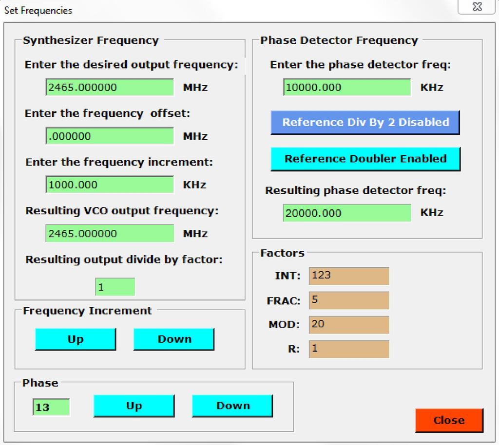 4. Set Frequencies dialog box The Set Frequencies dialog box, as shown in Figure 4-1 below, is displayed when the user clicks in the Desired Frequency, Frequency Offset, Phase Detector Freq, or,