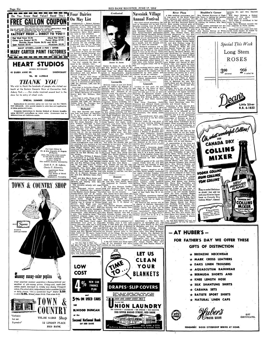 Page Six RED BANK REGISTER, JUNE 17, 1954 P o YOU Know Real Value? Read This! [ FREE GALLON COUPON i ii A>'V PAINT IN OUB STORE!