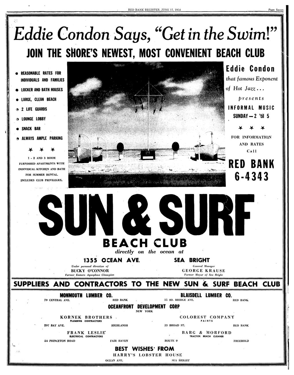 RED BANK REGISTER, JUNE 17, 1954 Page Seven Eddie Condon Says, "Get in the Su;im!