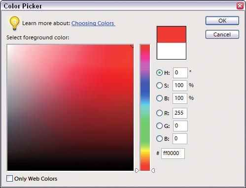 Chapter 1: Understanding Color 15 Figure 1-4: The Color Picker identifies a fully saturated red color.