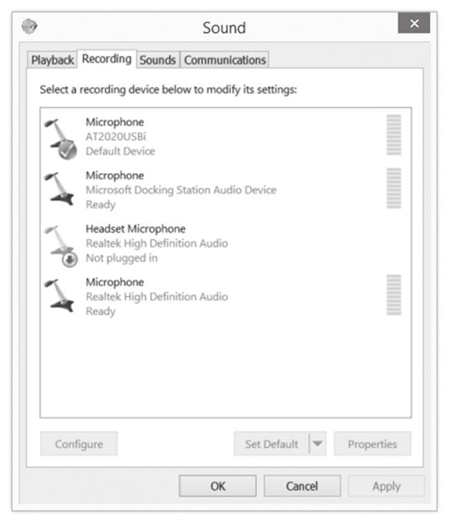 Preliminary setup with Windows 8 (continued) 6. Select the Recording tab, and choose AT2020USBi as the default device. 7. Double click on the AT2020USBi icon to open the Microphone Properties window.