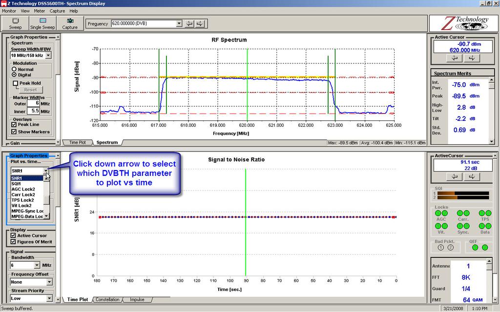 Figure 7: Time plot of SNR1 Click on the Time Plot tab to see a plot of any measured DVBTH parameter. Above is a time plot of SNR1 vs Time.