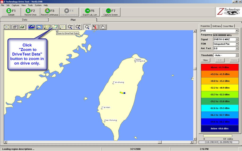 Figure 9: Plot Tab displays measured data on a world map Click on the Zoom to Current Country