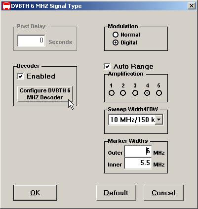 Configure DVBTH button. The parameters on this screen are: Post Delay: Sets the delay following each frequency measurement.