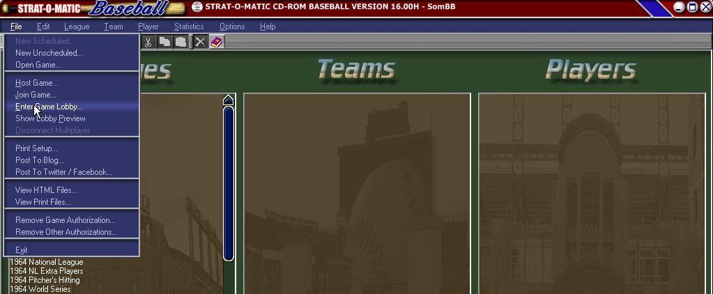 Page 2 Launching Game Lobby From the menu bar on the main SOM Computer Baseball screen, click on File. From the drop-down menu click on Enter Game Lobby (see Figure 1).