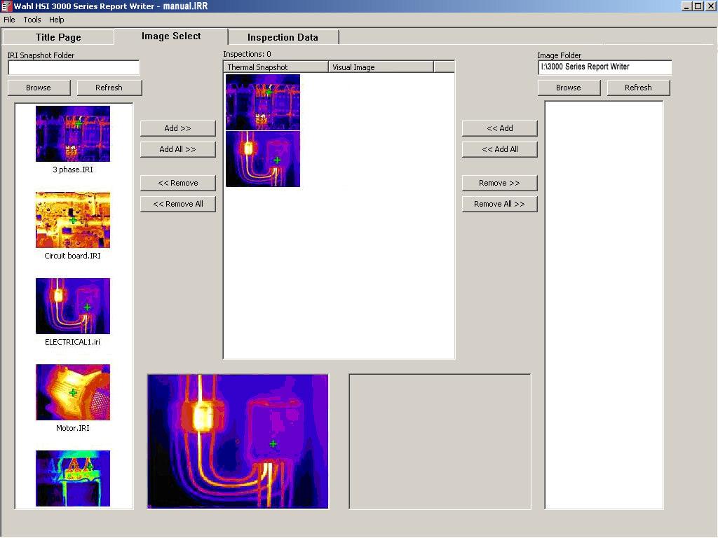 4.4.2 Thermal image Select To add a thermal image from the selected Snapshot Folder to the infrared report: Click on a thermal image thumbnail.