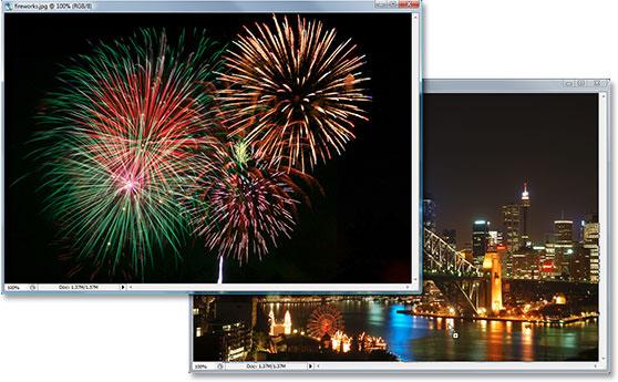 Step 1: Drag The Fireworks Photo Into The Other Photo Open both images in Photoshop so that each one is in its own separate document window on the screen.