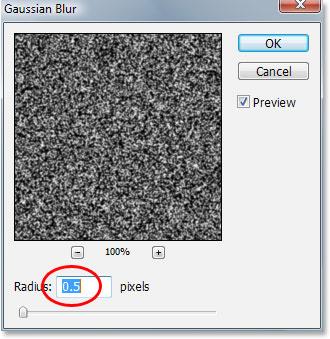 This brings up the Gaussian Blur filter dialog box. All we need is a slight amount of blurring, so enter a value of about 0.