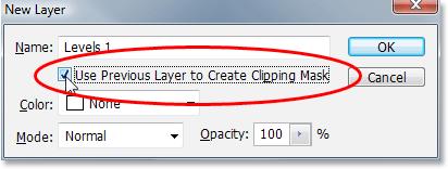 will be the noise layer. To do that, click inside the checkbox to the left of where it says Use Previous Layer to Create Clipping Mask: Photoshop s New Layer dialog box.