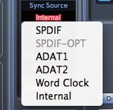 Sync Source display Displays the currently selected sync source (red display) To change the sync source, click on the red sync source value and select SPDIF, SPDF -OPT, ADAT1, ADAT 2, Word Clock, or