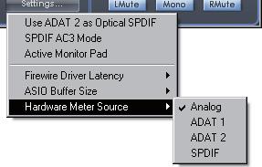 Hardware Meter Source Set the LEDs on the Liquid Saffire 56 Front Panel to monitor either the Analouge, ADAT 1, ADAT 2, or S/PDIF inputs.
