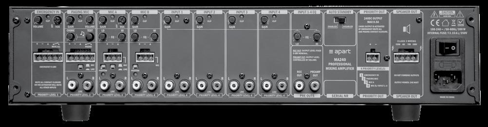 8 Mixing amplifiers Connections 1 2 3 4 5 6 7 8 9 10 11 12 13 14 1. Emergency input: connect your balanced 0 dbv line level emergency input to the euroblock connector.