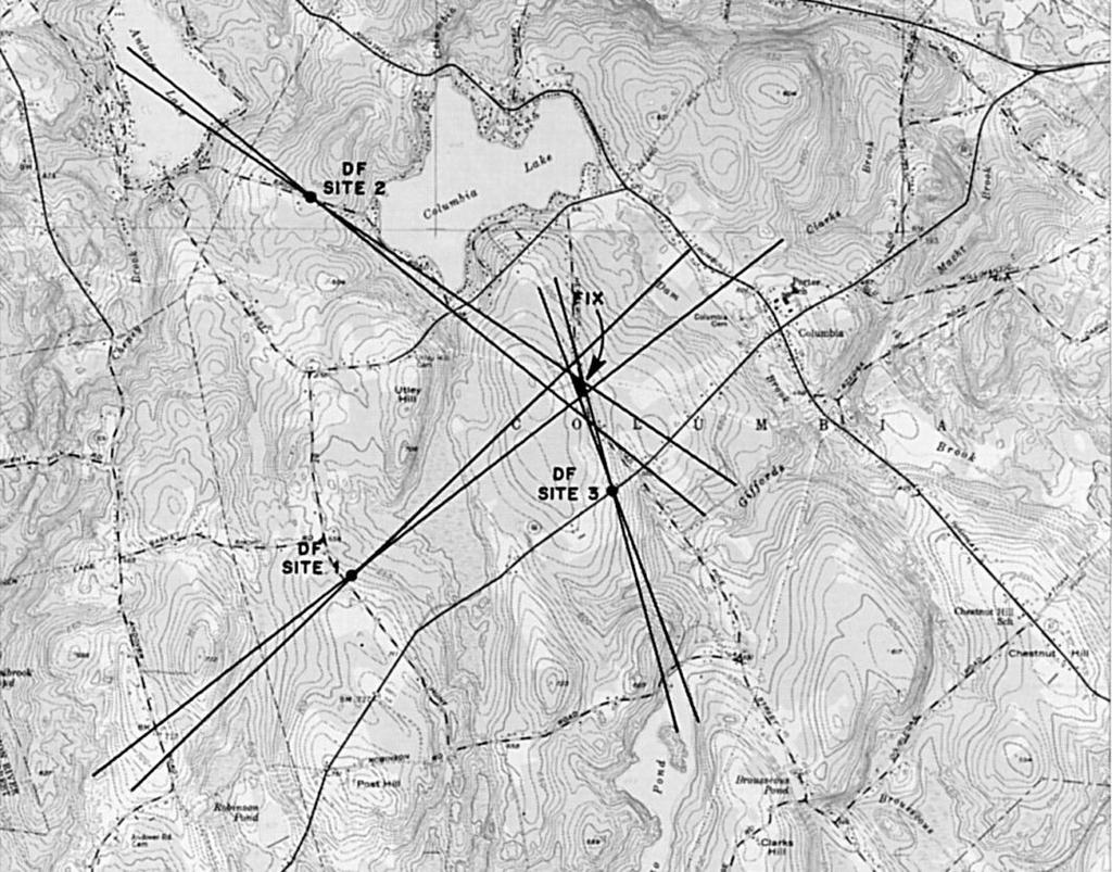 Bearing sectors from three RDF positions drawn on a map for