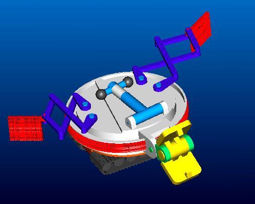 Figure 1: A graphic visualization of the first s-bot concept (left). The diameter of the main body is 110 mm.