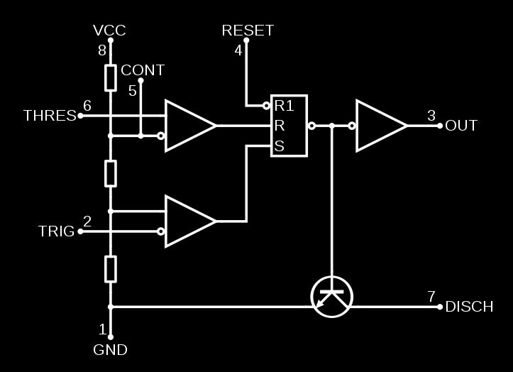 Internal block diagram The 555 Timer IC is an integrated circuit (chip) used in a variety of timer, pulse generation and oscillator applications. The IC was designed by Hans R.