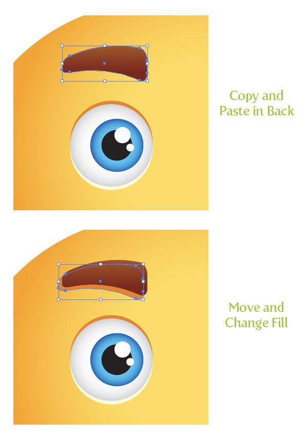 Copy (Command + C) the eyebrow shape and Paste in Back (Command + B). With the copy selected, move it down and to the left slightly. Change the fill of the copy to a dark orange.