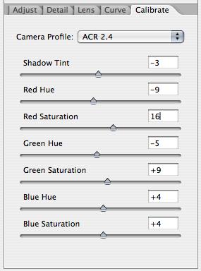 Adjust Sliders Now re-open your RAW file and put the calculated values into the Hue and Saturation sliders for Red Green and Blue in the Calibrate tab. Re-process and re-open in Photoshop.