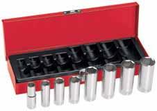 15/16", 1", 1-1/16", 1-1/8", and 1-1/4". One extension: 5" long. One ratchet. Hinged metal box. One flex handle: 17" long.