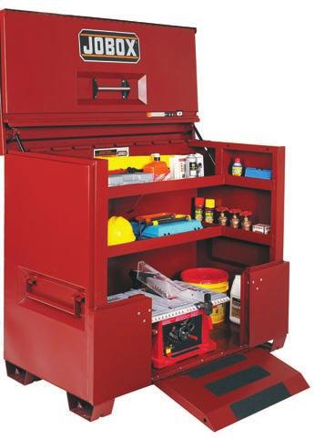 Model 1-688990 has one fixed rear shelf and one storage bin on side walls Field Office Steel Pegboard Storage area for plans and binders on