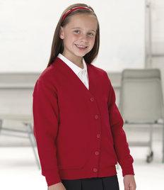 273B Jerzees Schoolgear Kids Cardigan 50% combed ringspun cotton/ 50% polyester. Set in sleeve style. Five button cardigan. Side seam pockets. Elastane rib with Lycra at collar, cuffs and waistband.