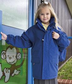 RS150B Result Kids/ Youths Rugged Stuff Long Lined Coat PVC coated polyester outer. Polyester Active Fleece lining. Extremely hardwearing. Concealed adjustable hood.