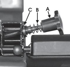 Remove the table lock knob (A), spring (B) and spring support bush (C) from the table support at the rear of the bandsaw. (Fig.3). Fig. 3 2. Remove the hex.