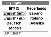 3 Select a language for display (1) Use the buttons to select Languages and then press the OK button. The language selection screen is displayed.