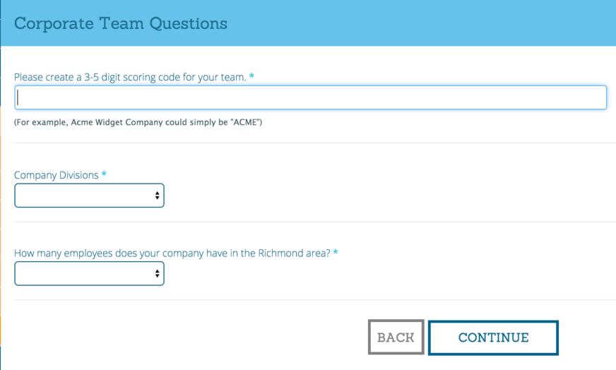Once you have finished the questions click Continue to proceed. The next screen will show the initial Corporate Team Payment.