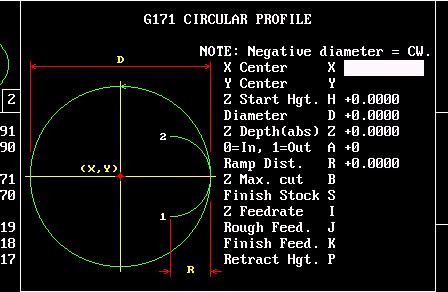 Circular profile G171 Center. Center. Start height. iameter. depth (absolute). 0 = inside, 1 = outside. amp istance. Maximum cut. Finish Stock. Feedrate. ough feedrate. Finish Feedrate. etract height.