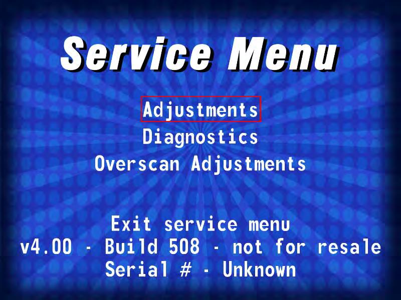 3. SERVICE MENU Press the SERVICE BUTTON, which is located behind the faux coin-door, to access the SERVICE MENU.