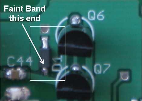 Figure 67. Close up of Zener diode D1 with band orientation Install transistors: Top side Q6, Q7, and Q10 (BS170).