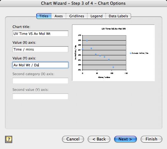To start the chart wizard, you Highlight from cell A6 to B14 Click on the Chart Wizard toolbar button in the toolbar You should see something like this appear Select the XY (Scatter)