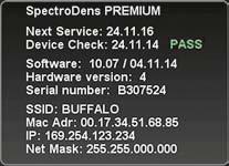 14. 1. The SpectroDens INFO screen informs about the type of device (Basic, Advanced or Premium), the software- and hardwareversion as well as the serial number.
