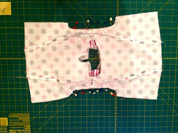 4. Next Stitch ONLY THE KEYHOLE around the neck. Clip around the curved edges, turn fabric right side out through neckline & Press 3.