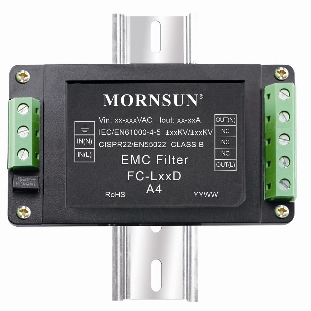 EMC filter used with the MORNSUN AC/DC module, AC/DC module s max. Input voltage must not more than EMC filter s max. Voltage, AC/DC module s max.