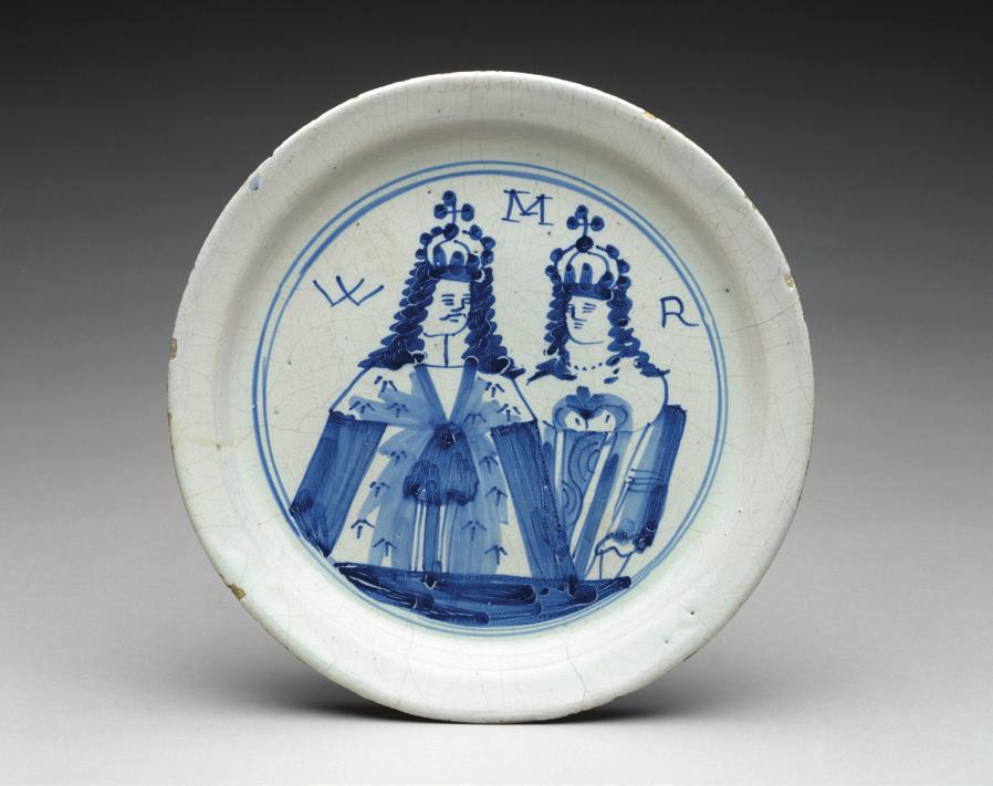 Pine Room Plate Depicting William III and Mary II Plate, 1689 94, tin-glazed earthenware, the Museum of Fine Arts, Houston, the Bayou Bend Collection, museum purchase funded by Lee Hage Jamail in