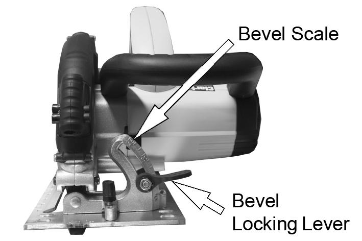 3. Tighten the depth adjustment lever. NOTE: For optimum results, a full tooth should just be visible below the workpiece. BEVEL ADJUSTMENT 1. Loosen the bevel adjustment locking lever. 2.