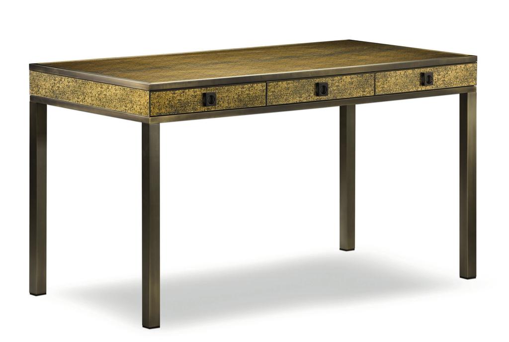 AIDA Writing desk presented in a limited edition of 100 pieces. Top, sides and drawer fronts are in bronzed leather featuring a printed shagreen effect and covered by transparent glass.