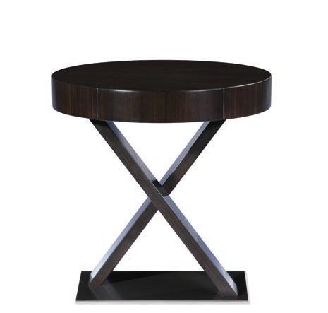 CIMAROSA Round bedside table with x-shaped legs featuring a drawer built into the top frame. The guide rails of the drawers are in wood, to save room inside the drawer. Metal base.