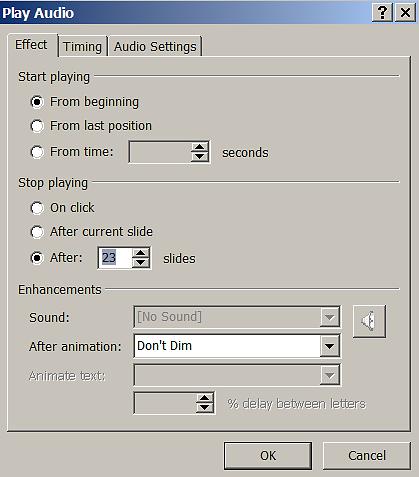 . Double click on the music in the animation pane and select the [Effect] tab.