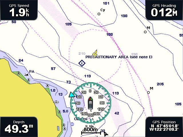 Charts and 3D Chart Views Showing and Configuring Roses On the Navigation Chart or the Fishing Chart, you can show a compass rose ➊ around your boat, indicating compass direction oriented to the
