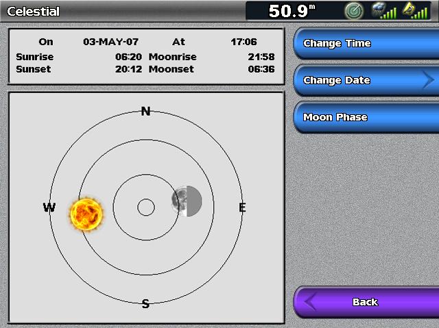Almanac, Environmental, and On-boat Data Celestial Information The Celestial screen shows information about sunrise, sunset, moonrise, moonset, moon phase, and the approximate sky view location of