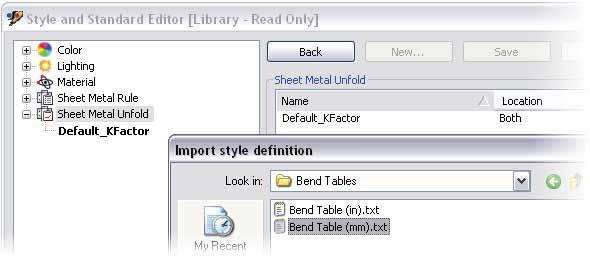 From the Style and Standard Editor, with Sheet Metal Unfold active, click Import. Navigate to the folder where your bend deduction values are stored and select the text file.