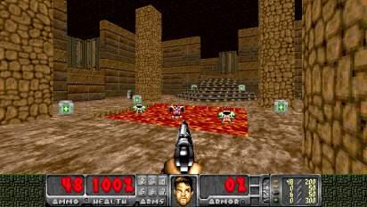 Figure 1: (a) A screenshot of Doom. [6] (b) Self-localization scenario (e.g. an M-shaped maze) as the source task and the same objective on another map (e.g. a Y-shaped maze), having the same background texture, as the target task.