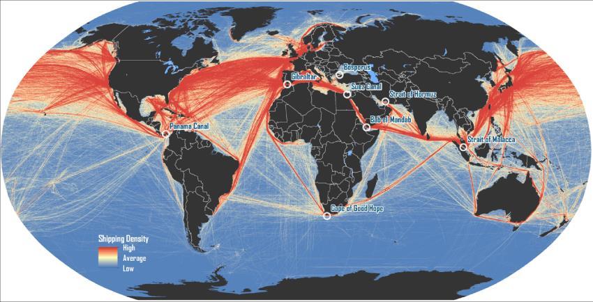 Source: Global Shipping Routes Density and Choke Points Shipping density data adapted from National Center for Ecological Analysis and Synthesis, A
