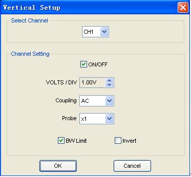 1.3 The Vertical System Click Setup->Vertical The following figure shows the vertical Setup window. It shows the vertical parameters setting. 1.
